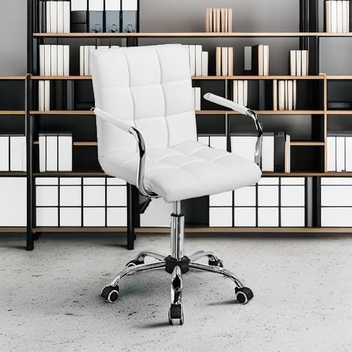 Modern White Desk Chair with Wheels, Armrests & 360° Swivel - Adjustable PU Leat gallery