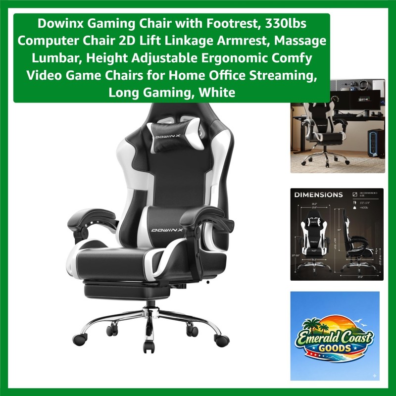 White & Black Gaming Chair with Adjustable Footrest, 330lbs Capacity