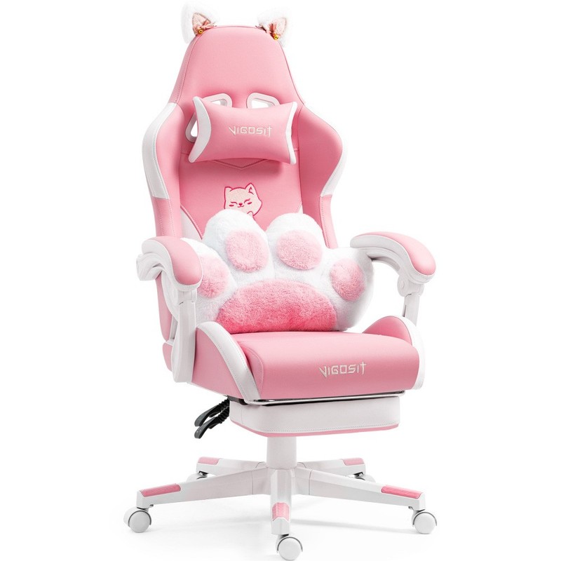 Cat Ears Pink Gaming Chair – Pink PU Leather Ergonomic Reclining Office Chair