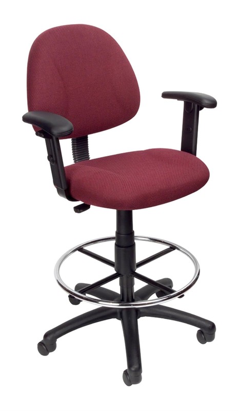 Boss Office Contoured Comfort Fabric Drafting Stool with Arms in Burgundy