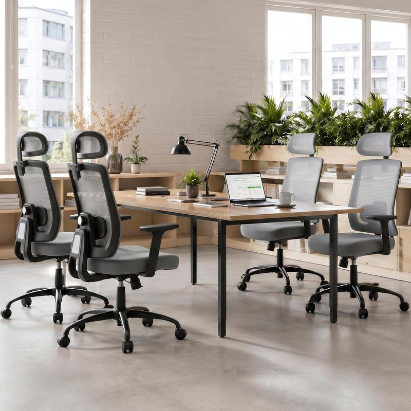 Set of 2 Ergonomic Mesh Office Chairs with Headrest and Flip-Up Arms, Grey gallery