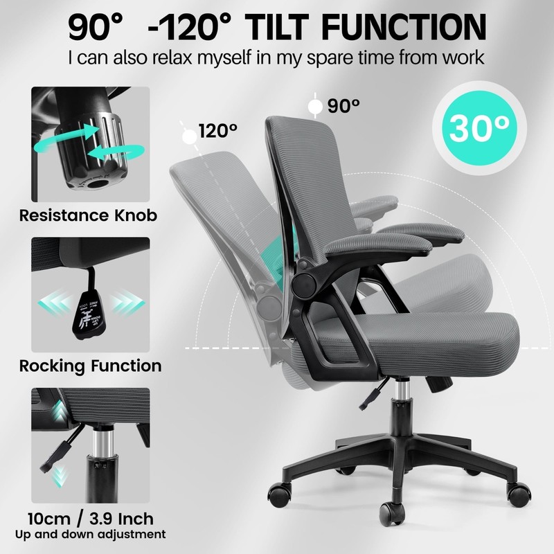 COOLHUT Office Desk Chair Mesh Rolling Task Chair Flip-Up Arms Gray gallery