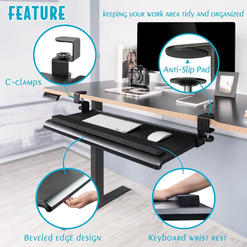 Large Ergonomic C-Clamp Keyboard Tray Mount Under Desk with Wrist Rest, Slide... gallery