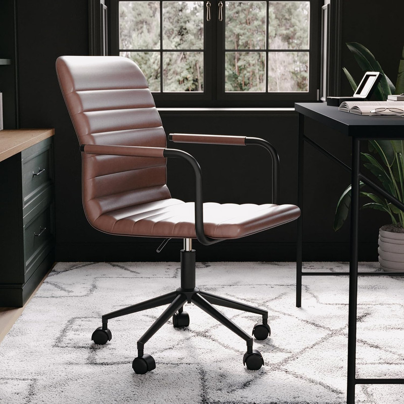 Saddle Brown Faux Leather Swivel Task Chair with Armrests and Bronze Frame gallery