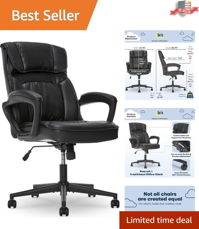 Stylish Black Bonded Leather Office Chair with Padded Arms – Adjustable Comfort