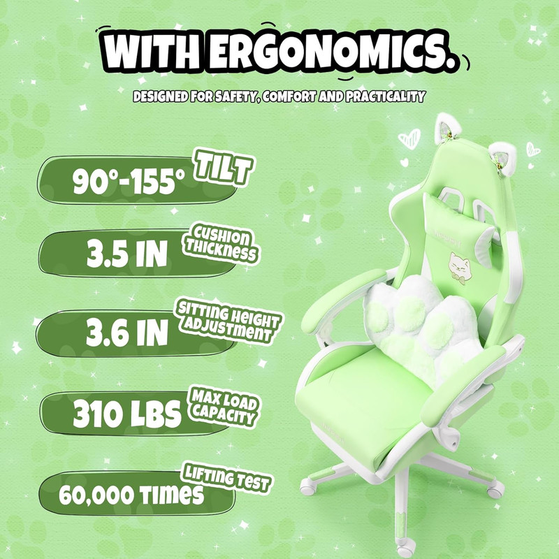 Cute Cat Ears Gaming Chair, Girly Ergonomic Computer Chair with High Back, 360° gallery