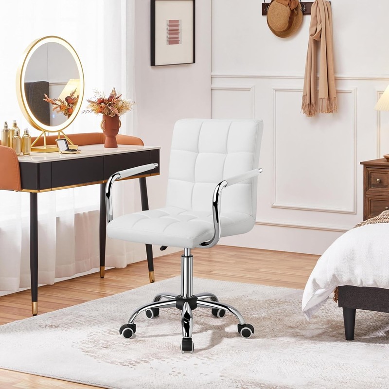 Modern White Desk Chair with Wheels, Armrests & 360° Swivel - Adjustable PU Leat gallery