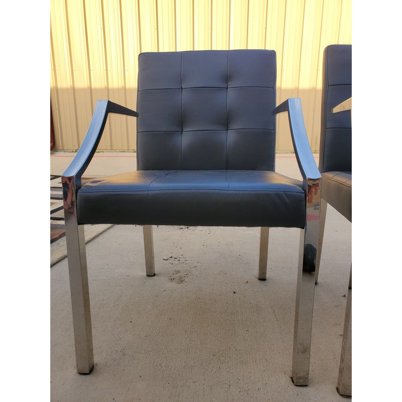 Set of Two Quality Chrome & Tufted Black Leather Office Style Arm Chairs Modern gallery