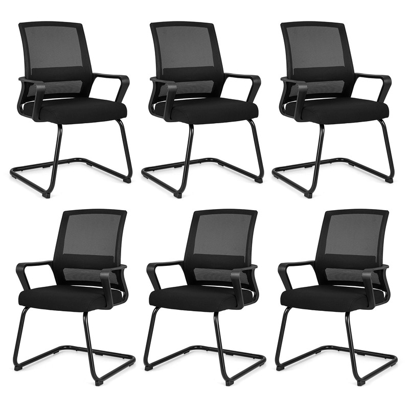 Office Guest Chair Set of 6 w/ Lumbar Support Mesh Back Upholstered Seat Black