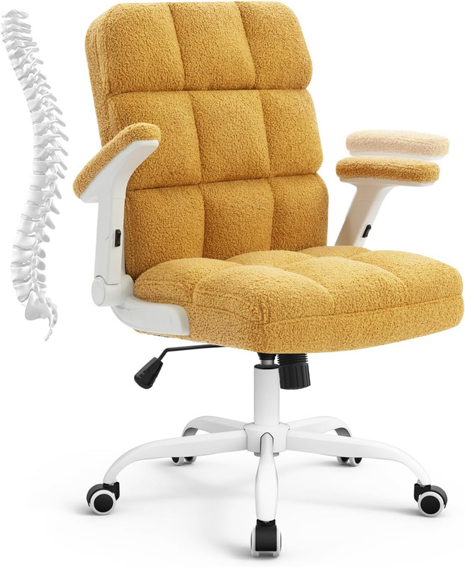 Yellow Teddy Velvet Ergonomic Office Chair with Wheels and Flip-Up Arms
