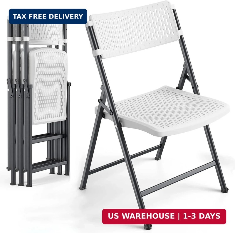 4-Pack White Folding Chairs, Mesh Plastic Seat with Steel Frame, 400 lbs Capacit