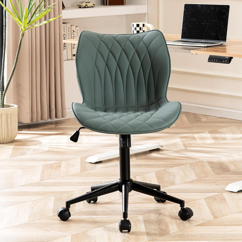 Comfy Armless Desk Chair with Wheels – Ergonomic Faux Leather Swivel Chair