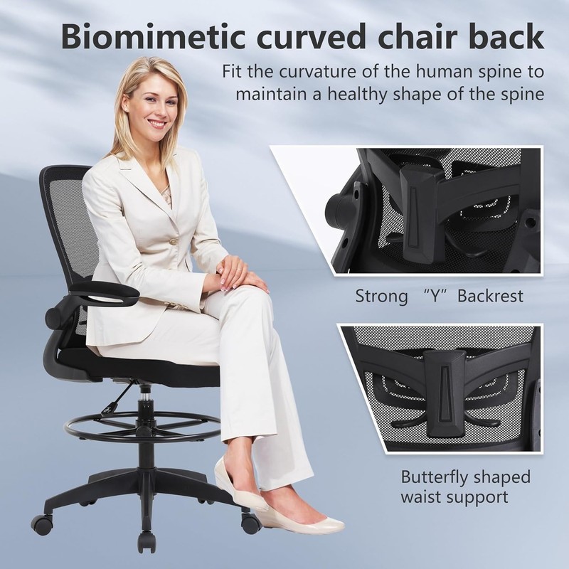Mid-Back Drafting Chair with Breathable Mesh & Easy Assembly - B-Black gallery