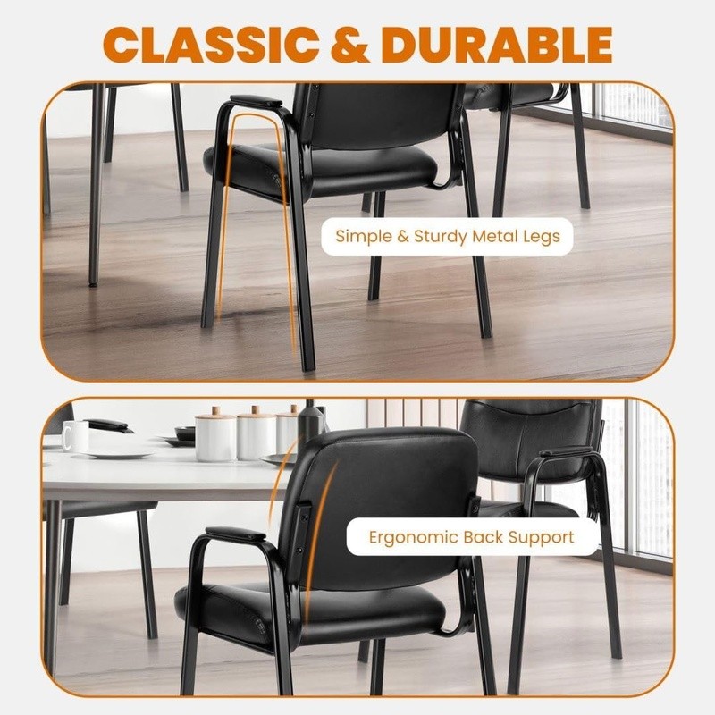 Black Leather Reception Chair Office Meeting Padded Arms No Wheels Durable New gallery