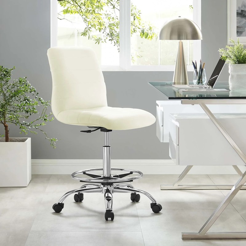 Mid-Back White Vegan Leather Drafting Chair with Chrome Metal Frame & Foot Ring gallery