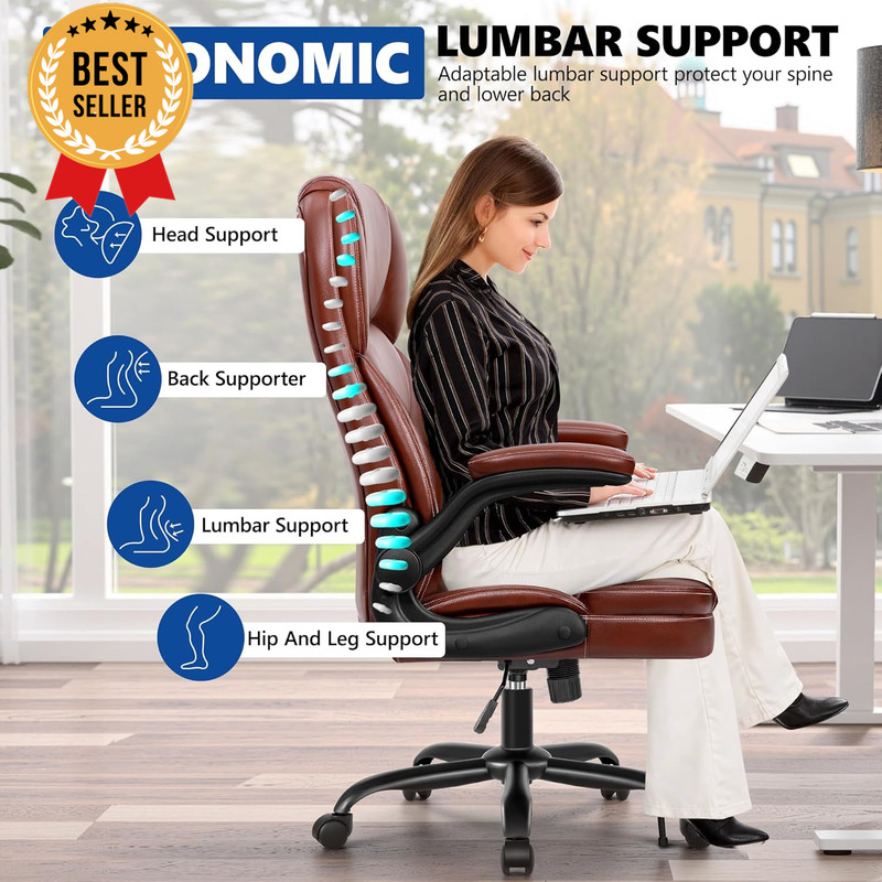 PU Leather Mid-Back Office Chair Adjustable Swivel Rolling Flip Armrests gallery