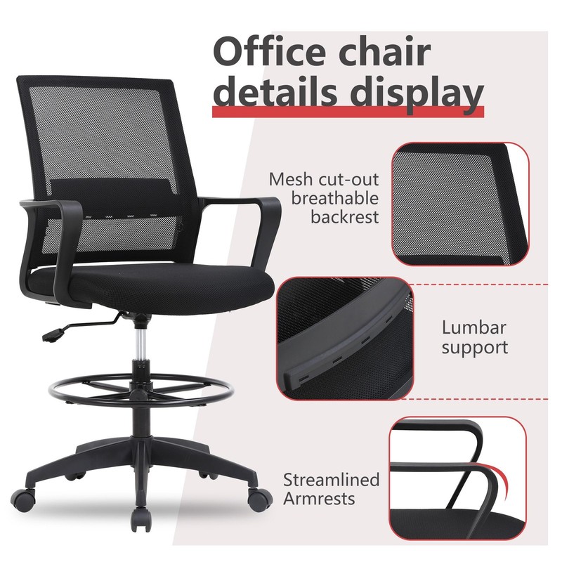 Drafting Chair Tall Office Chair Adjustable Swivel Rolling Mesh Height with L... gallery