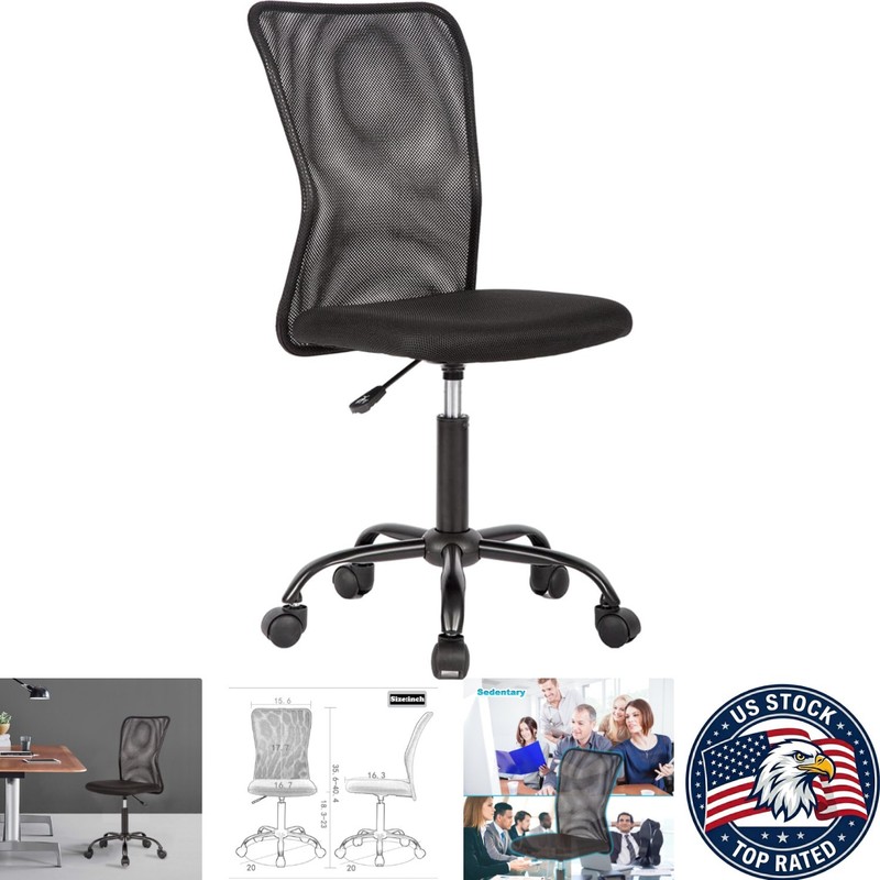 Ergonomic Mesh Office Chair with Lumbar Support – Armless Swivel Design, Black
