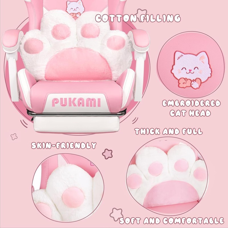 Pink Gaming Chair Cute W/ Cat Ears & Cat Paw Lumbar Cushion Ergonomic Computer gallery