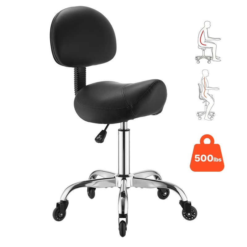 VEVOR Saddle Stool with Back Support 500 lbs Weight Capacity with Quiet Casters