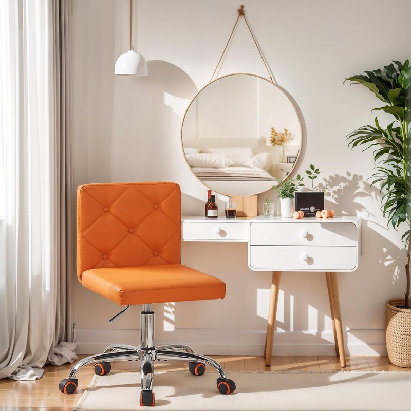 PU Leather Mid-Back Armless Vanity Chair Adjustable Height 360° Rolling Swive... gallery
