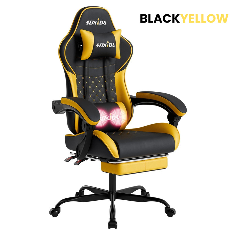 Gaming Chair Massage Lumbar Support Swivel Height Adjustable Headrest Backrest