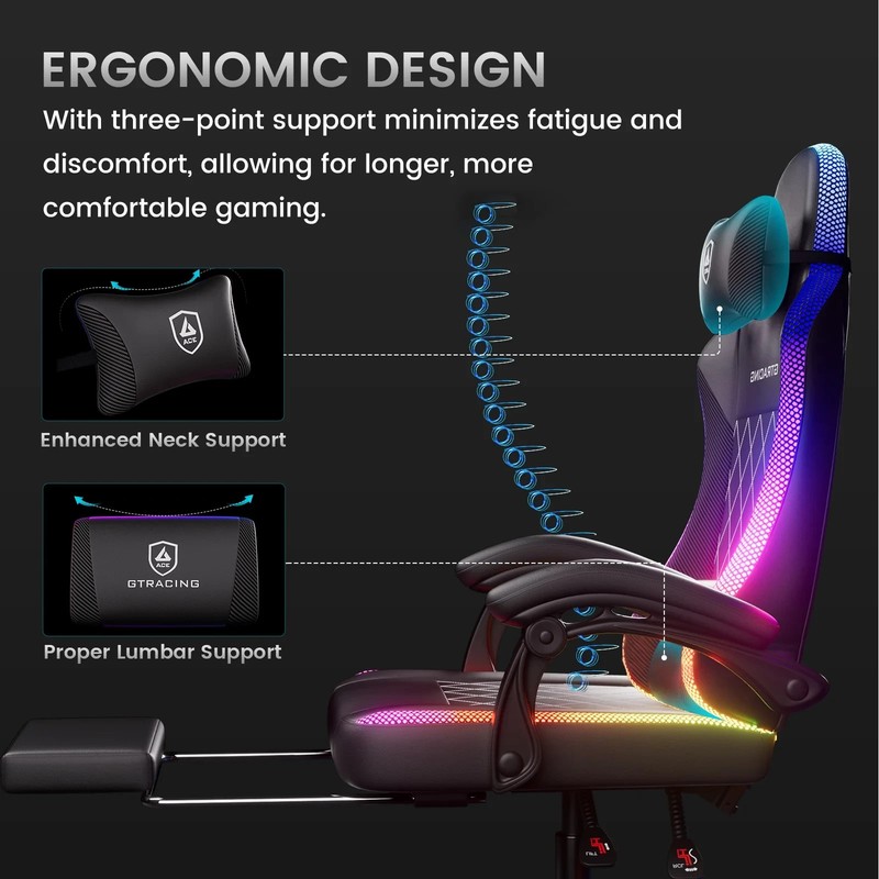 GTRACING RGB Ergonomic Gaming Chair with Massage, LED Lights, Footrest, Lumbar S gallery