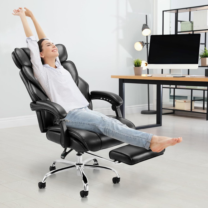 Ergonomic Office Chair with Footrest, Reclining High Back, Black Leather gallery