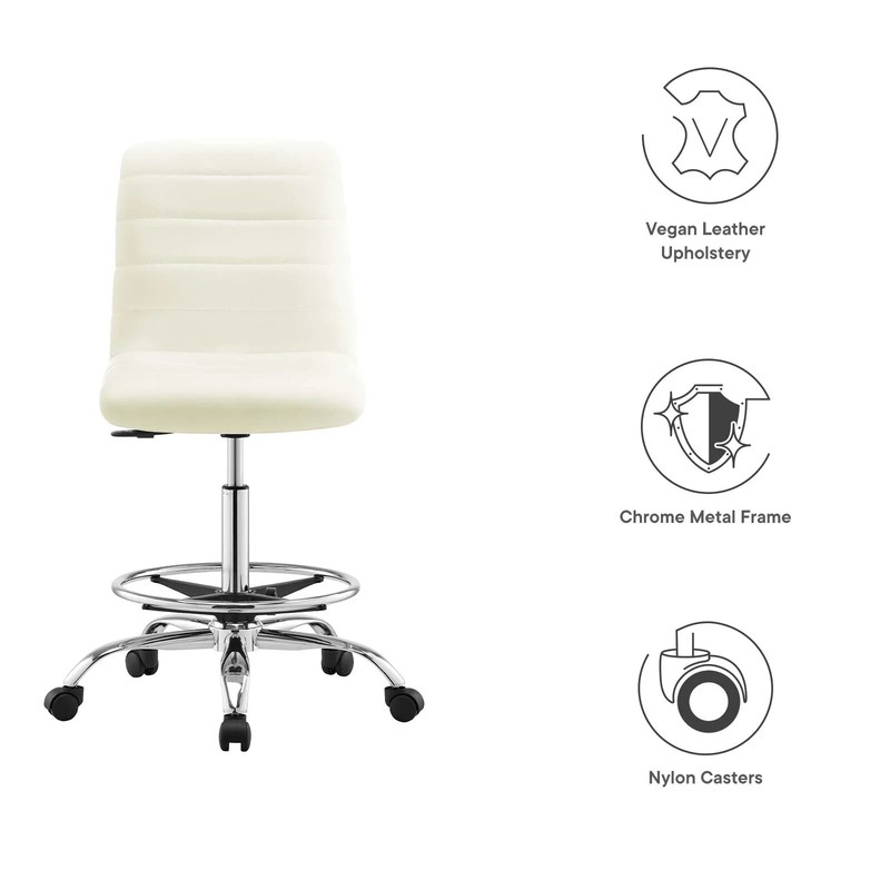 Mid-Back White Vegan Leather Drafting Chair with Chrome Metal Frame & Foot Ring gallery