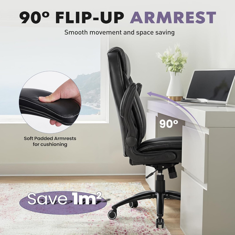 300Lbs Office Chair with Flip-Up Armrests & Reclining Backrest, Ergonomic PU Lea gallery