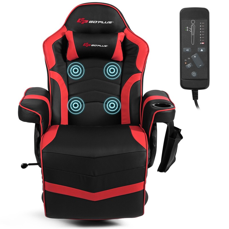 Goplus Massage Gaming Recliner Racing Chair Swivel w/ Cup Holder & Pillow Red