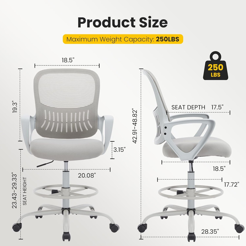Tall Drafting Desk Chair - Ergonomic High Stool Computer with Adjustable Height gallery