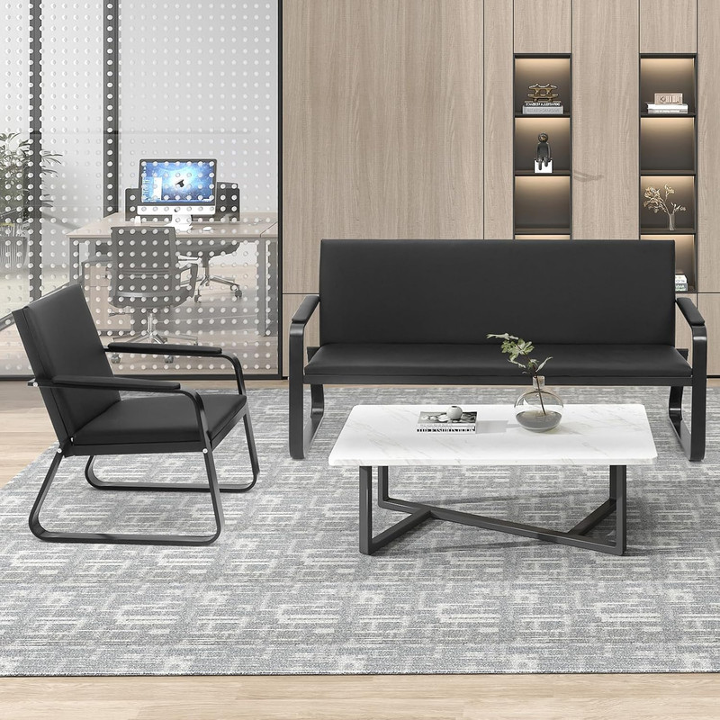Wonline 3-Seat Waiting Room Bench with Armrest PU Leather Office Waiting Room Fu gallery