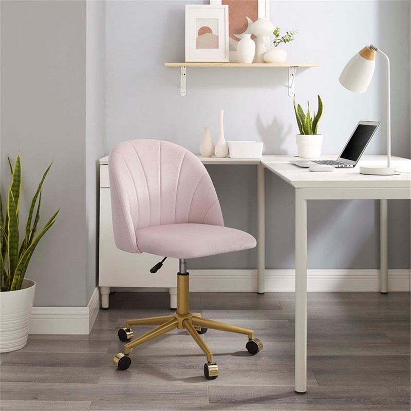 Pemberly Row Upholstered Adjustable Swivel Desk Chair Gold Legs in Blush Pink gallery