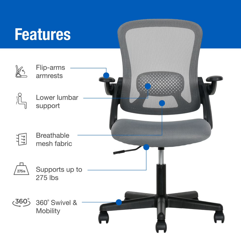 Mainstays Ergonomic Mesh Office Chair Flip Up Arms Grey Fabric 275lb Capacity gallery