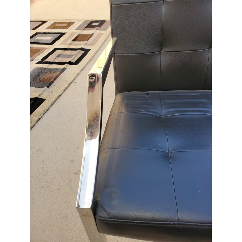 Set of Two Quality Chrome & Tufted Black Leather Office Style Arm Chairs Modern gallery