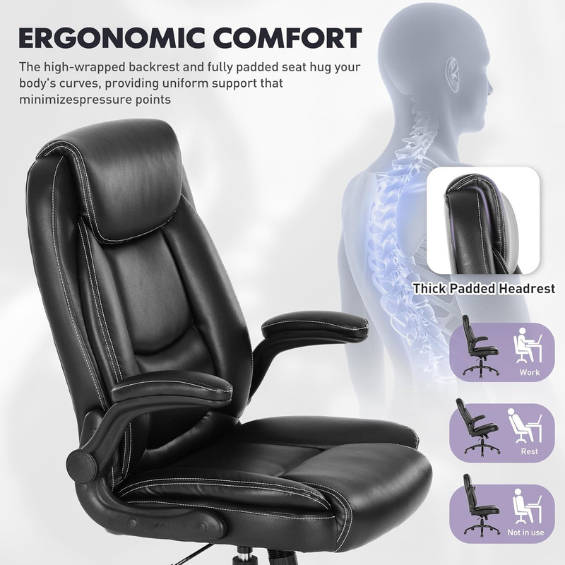 300Lbs Office Chair with Flip-Up Armrests & Reclining Backrest, Ergonomic PU Lea gallery