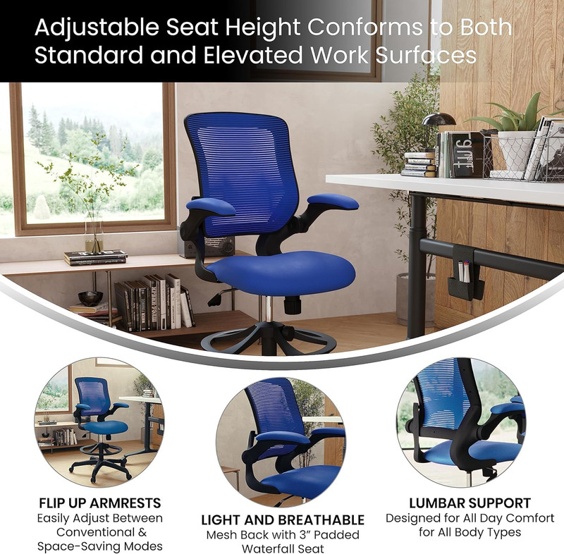 Blue Mesh Ergonomic Drafting Chair with Adjustable Foot Ring & Flip-Up Arms gallery