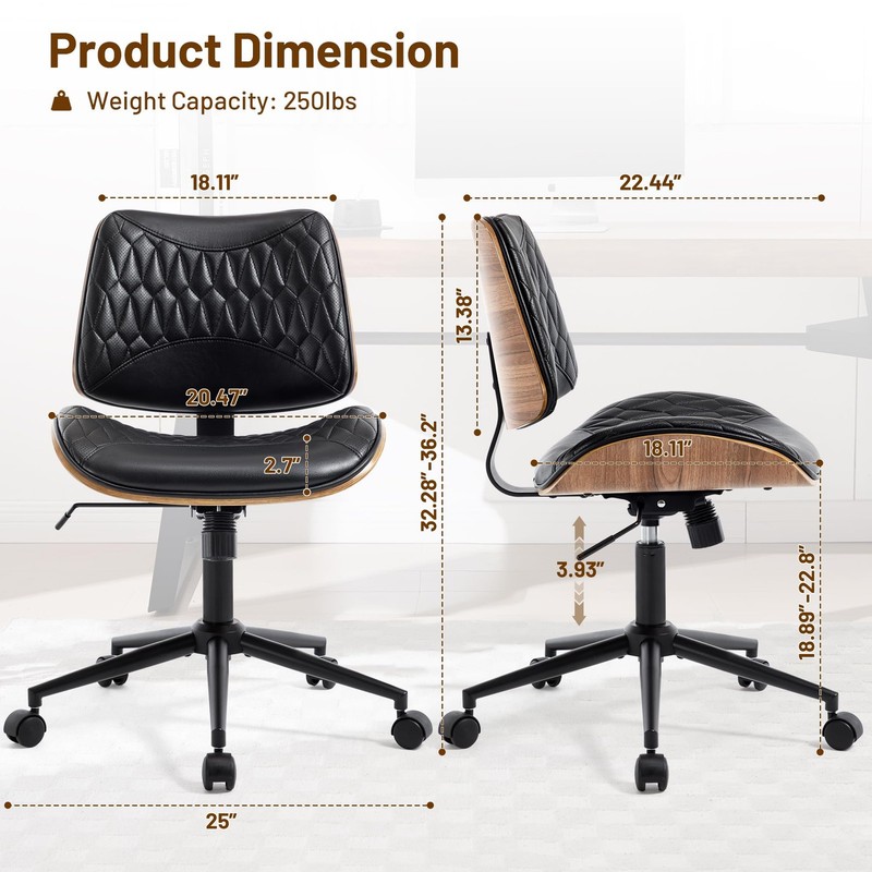 Walnut Bentwood Mid Back Armless Office Chair 1 Pack, Adjustable Height PU Le... gallery