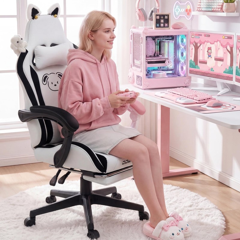 Gaming Chair Cute with Plush Doggy and Massage Lumbar Support, Ergonomic Comp... gallery