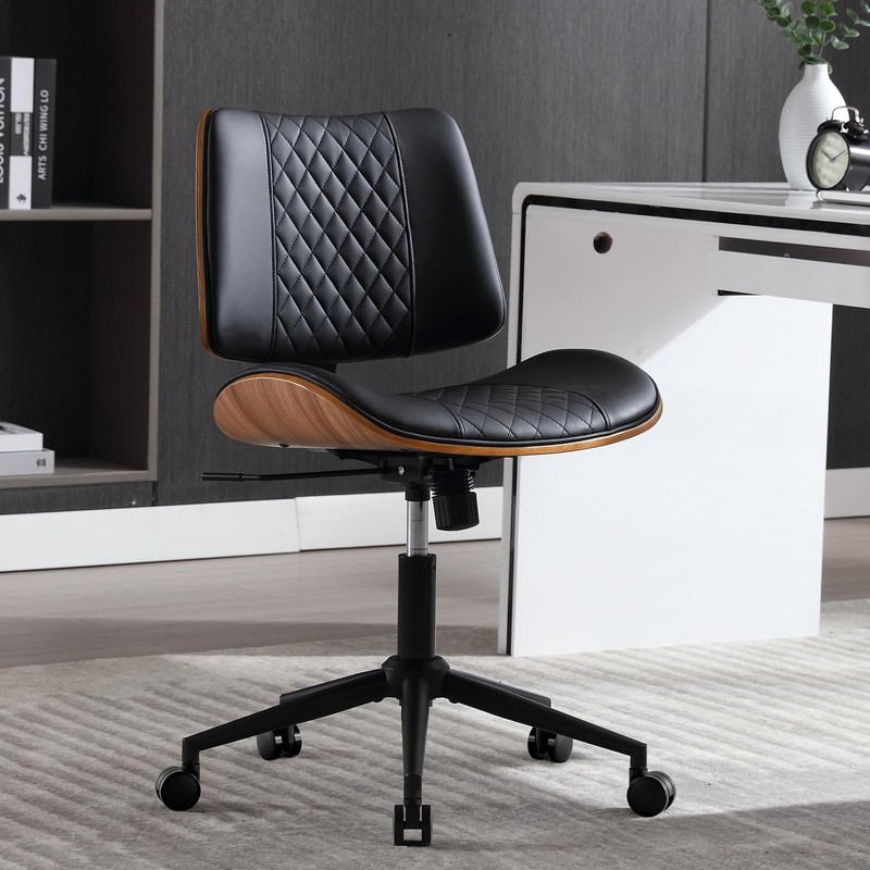 Home Office Chair No Arms with Wheels, Adjustable Height Small Desk Chair, PU…