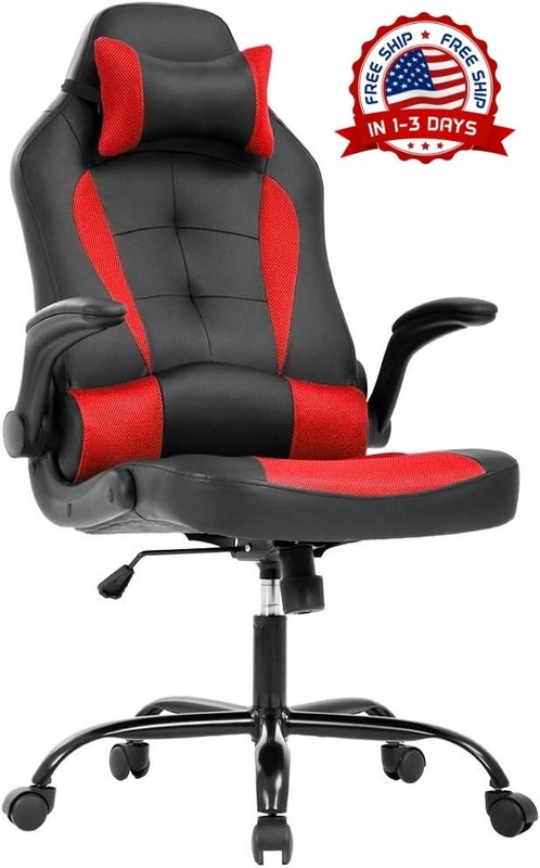 Silla gamer y de oficina ergonómica de respaldo alto, con cuero, cabecera, Nuevo