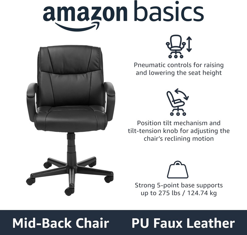 Office Task Chair with Adjustable Height, 360° Swivel, Padded Armrests, Mid-Back gallery
