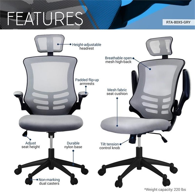 Pemberly Row Executive High Back Office Chair w/ Headrest in Silver Gray Fabric gallery