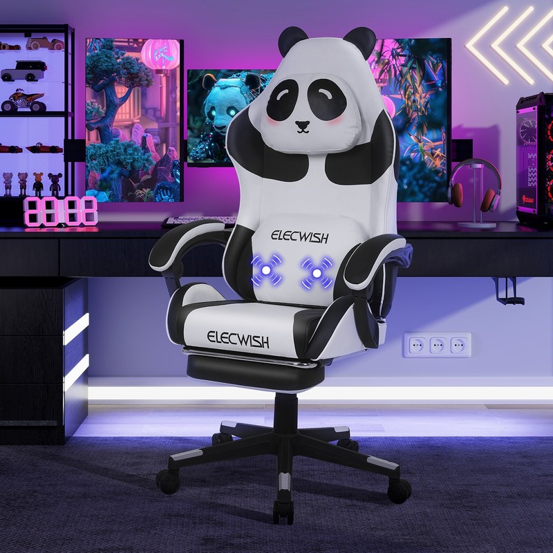 Cute Panda Gaming Chair with Footrest Headrest Massage Pillow Swivel Home Office