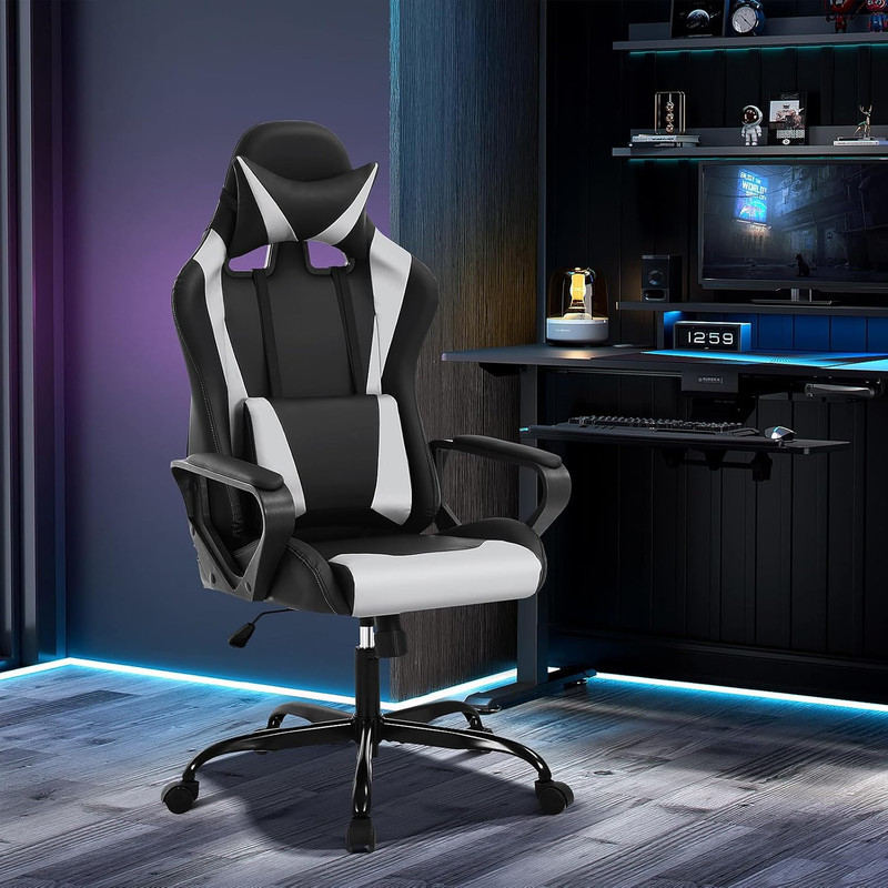 Gaming Chair ﻿White, Ergonomic High Back Video Game Chairs Racing Style with Lum