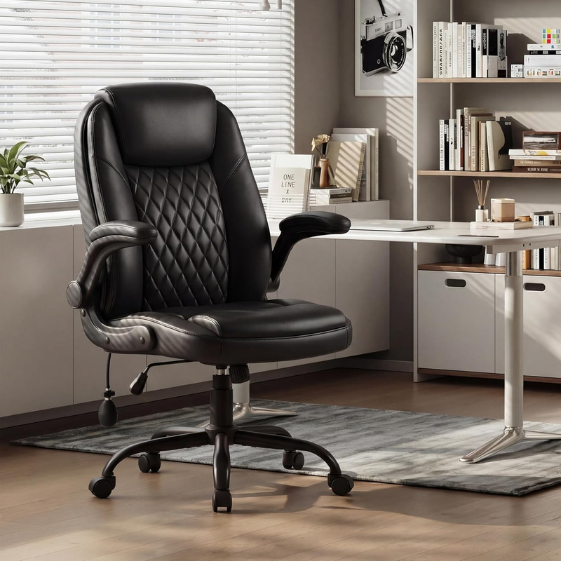 Leather Office Chair, Computer Desk Chair with Adjustable Lumbar Support, Thick