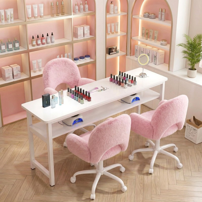 Vanity Chair with Round Hollow Back, Pink Desk Chair with Arms & Wheels, Cute... gallery