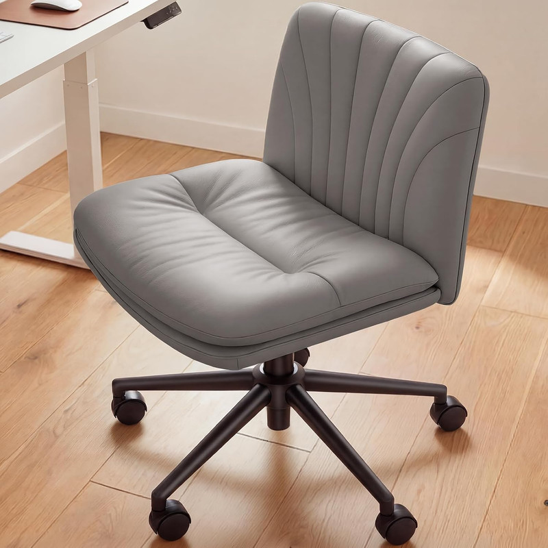 Adjustable Armless Office Desk Chair with Wheels - Grey PU Leather