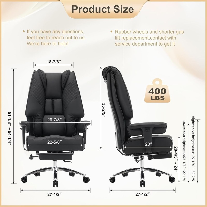 Big and Tall Office Chair 400lbs Wide Seat, Leather High Back Executive Offic... gallery
